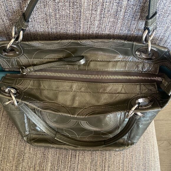 Coach Women’s Patent Leather Gray Stitched Monogram Top Zip Shoulder Handbag - Picture 5 of 16